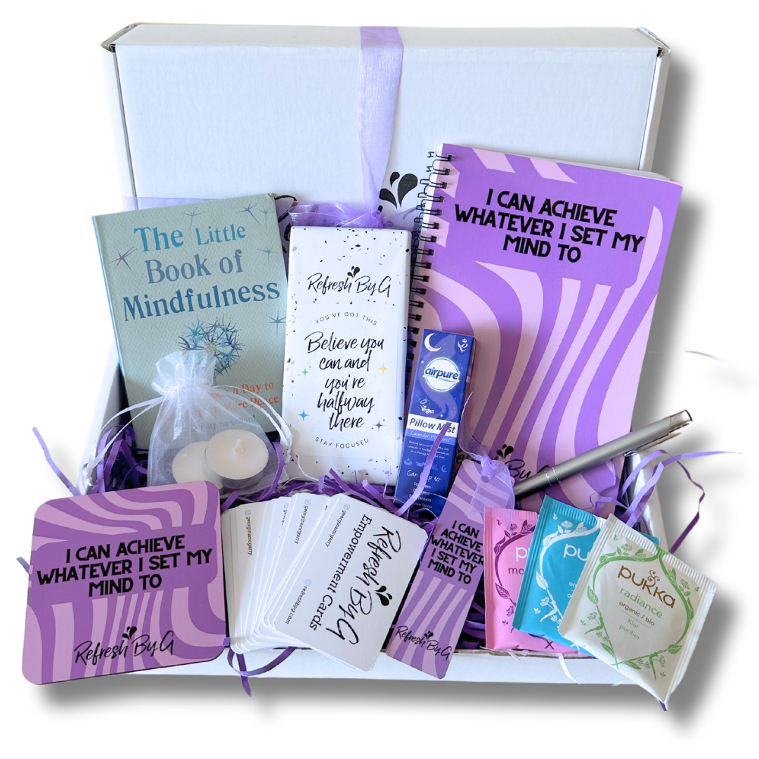 Ladies Self Development Gift Box with personalised journal, empowerment cards and 'The little book of mindfulness' book.