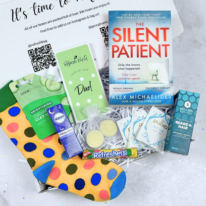 Front angle of the Mens Self Care Gift Box with Alex Michaelides Book - Refresh By G