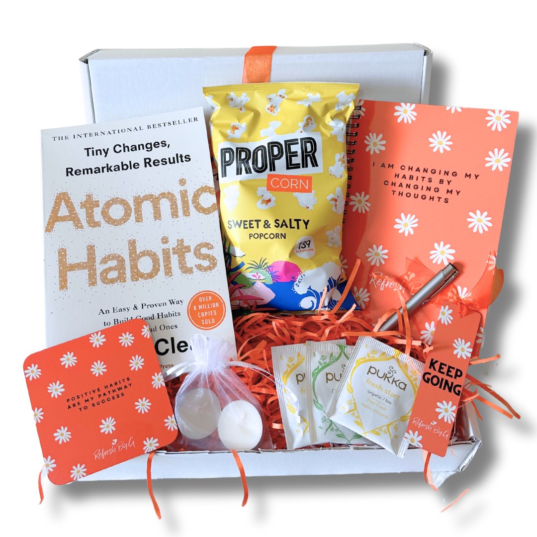 Front angle of the Positive Habits Gift Box with James Clear Book - Refresh By G